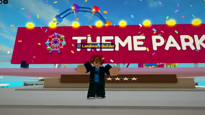 A theme park landmark with confetti